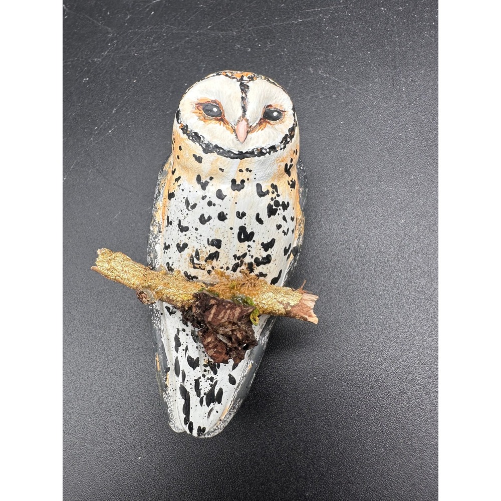 Hand Carved Painted Barn Owl Figurine Wood Bird Perched Branch Folk Art